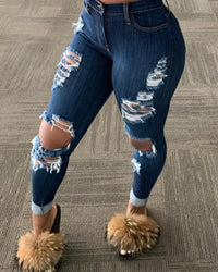 Echoine Vintage High Waist Ripped Jeans Pant for Women Tassel Hole Pencil Pants Blue Streetwear Ladies Jeans