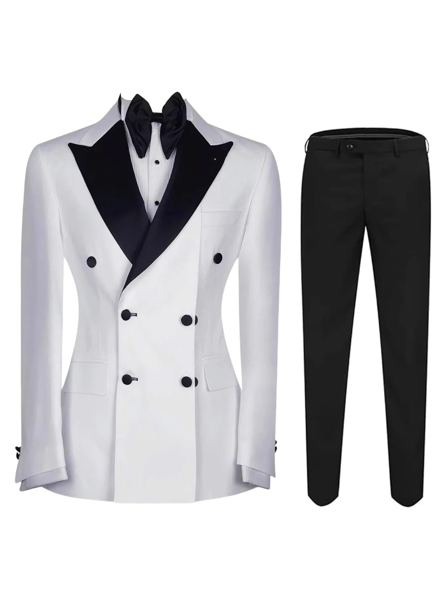 Wholesale Black and White Double Breasted Wedding Suits for Men Peaked Lapel Slim Fit Tuxedos 2 Pieces Fashion Casual Suits