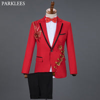 Red Diamond Floral Men Suits for Wedding Mens Suits 3 Piece Blazer+Pant+Bow Tie Fashion Tuxedo Men Suit Set Stage Costume Homme
