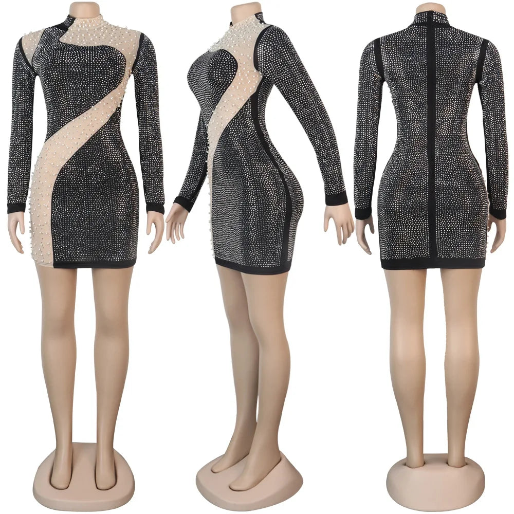 BH232 Women Sexy Hot Diamond Patchwork Pearl Evening Party  Dress