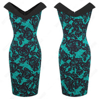 Women Sexy Floral Elegant V Neck Sheath Fitted Casual Work Party Sexy Sleeveless Pencil Dress