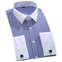 Men&#39;s Classic French Cuffs Striped Dress Shirt Single Patch Pocket Standard-fit Long Sleeve Wedding Shirts (Cufflink Included)