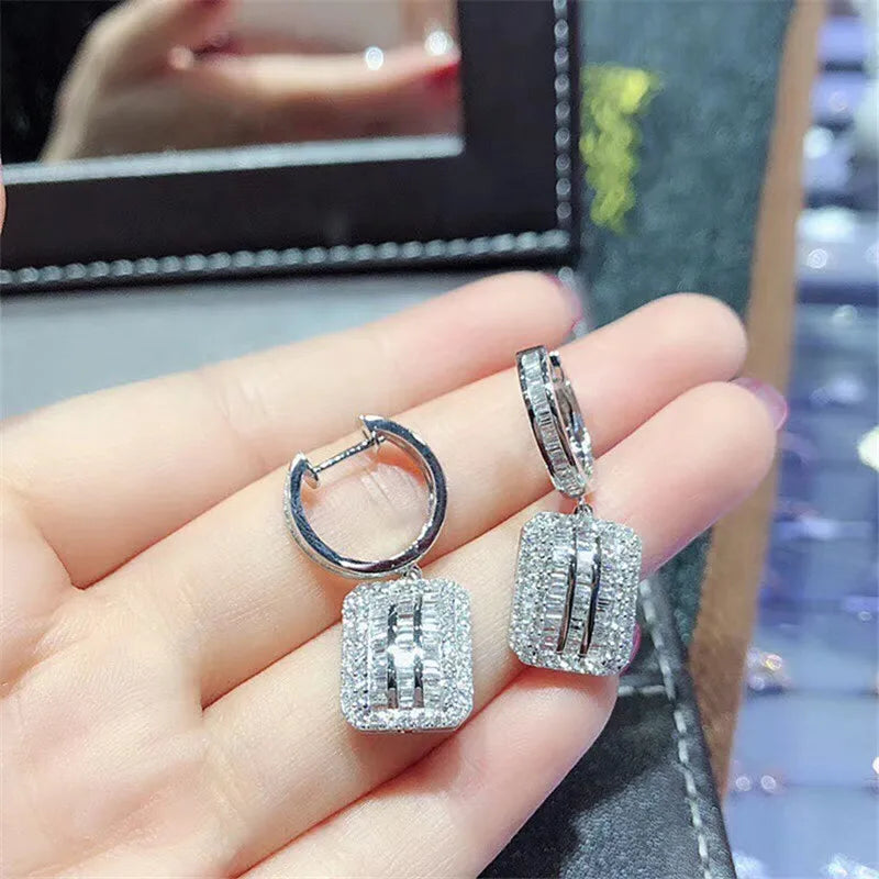 2020 Original 925 sterling silver Square Diamond Dangle Earring Jewelry Luxury Party Wedding Drop Earrings for Women Bridal Gift