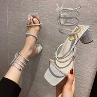 2023 Summer Luxury Women Sandals For Weddings Bride Shoe Golden Sandal Rhinestone Snake Wrap High Heel Birthday Party Shoes