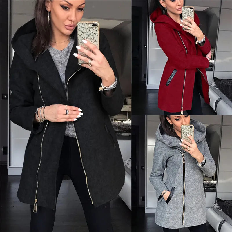 Autumn Winter Women Coats Fashion Solid Color Zip Up Long Sleeve Hooded Jacket Coat Outerwear Women Long Hoodies Coat Plus Size