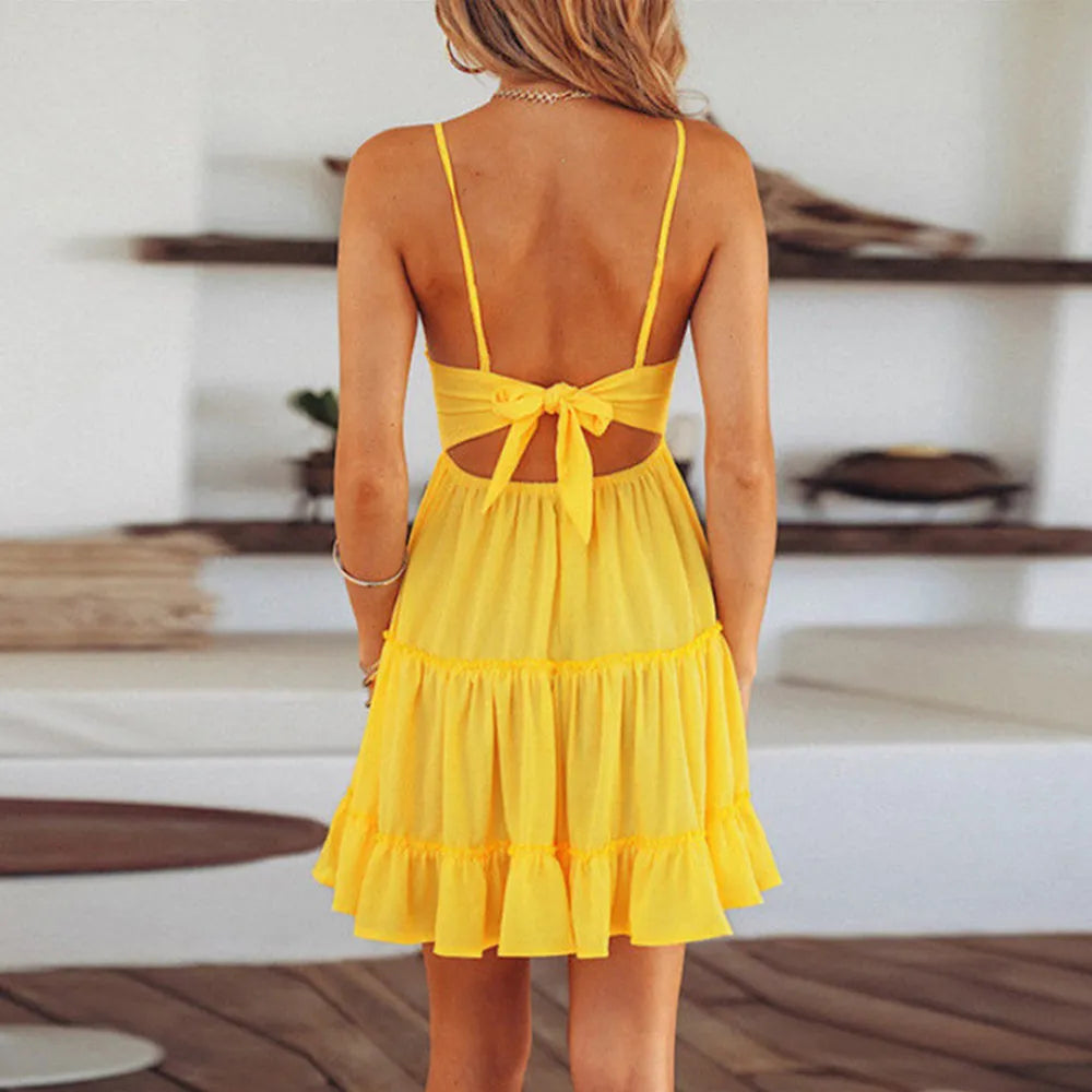 Summer Women Lace Dress Sexy Bow Backless V-neck Mini Beach Dresses Sleeveless Spaghetti Strap Mini Ruffle Sundress Plus Size