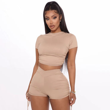 Summer New Sexy Women Dress Khaki Tight Sleeve T Shirt Shorts Two Set