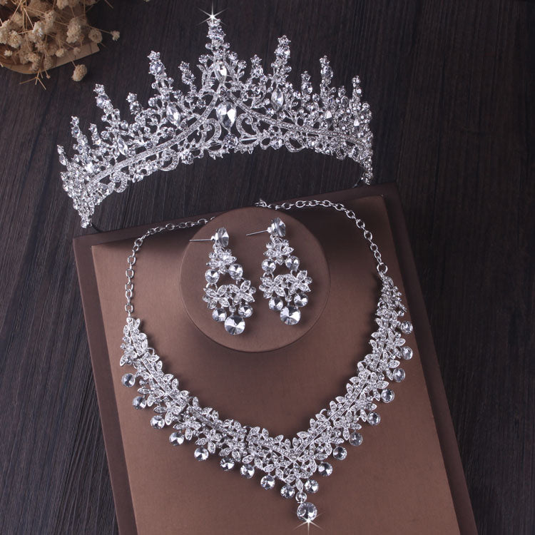 Gorgeous Silver Color Crystal Bridal Jewelry Sets Fashion Tiaras Crown Earrings Choker Necklace Women Wedding Dress Jewelry Set