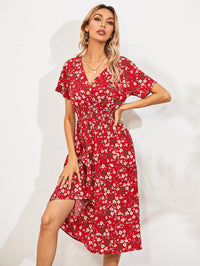 White Floral Printing Summer Chiffon Beach Dress 2022 Casual V-neck Short Sleeve A-line Women Midi Dresses Vestidos