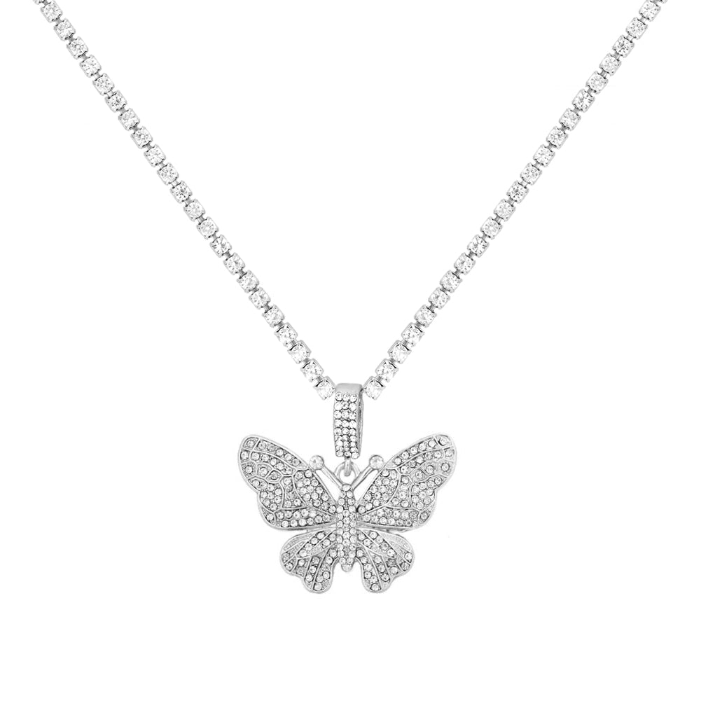 Statement Big Butterfly Pendant Necklace Rhinestone Chain for Women Bling Tennis Chain Crystal Choker Necklace Party Jewelry