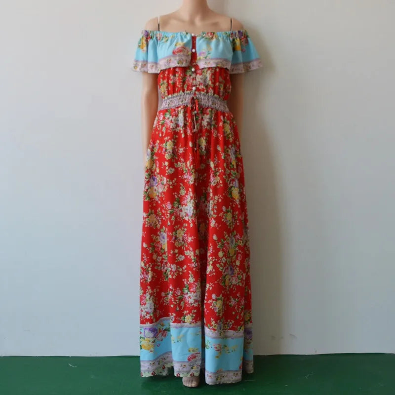 AECU 2021 Women Boho Long Dress Floral Printing Beach Maxi Dress Off Shoulder Vintage Big Pleated Dress Female Vestidos