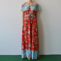 AECU 2021 Women Boho Long Dress Floral Printing Beach Maxi Dress Off Shoulder Vintage Big Pleated Dress Female Vestidos