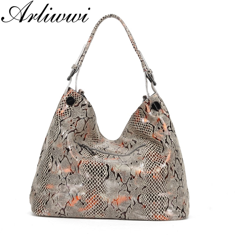 Arliwwi Female Genuine Leather Shoulder Bags New Serpentine Embossed Shiny Cross Body Real Cow Leather Handbags Women GL08