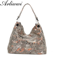 Arliwwi Female Genuine Leather Shoulder Bags New Serpentine Embossed Shiny Cross Body Real Cow Leather Handbags Women GL08