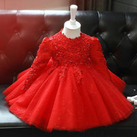 Red Toddler Girl Wedding Dress Long Sleeve Newborn Girls Christmas Princess Gown Beads Lace Infant Kid's 1 Year Birthday Baptism