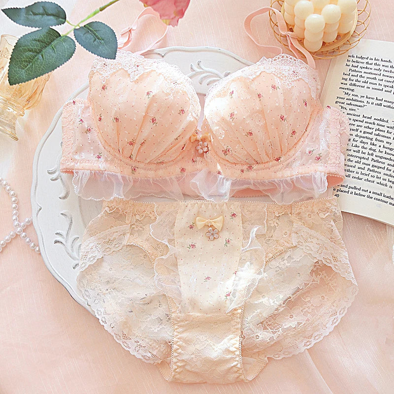 Pastoral Girl Japanese Bra Underwear Set Embroidered Flower Lace Lingerie Small Flower Steel Ring Bralette Sets Large Size