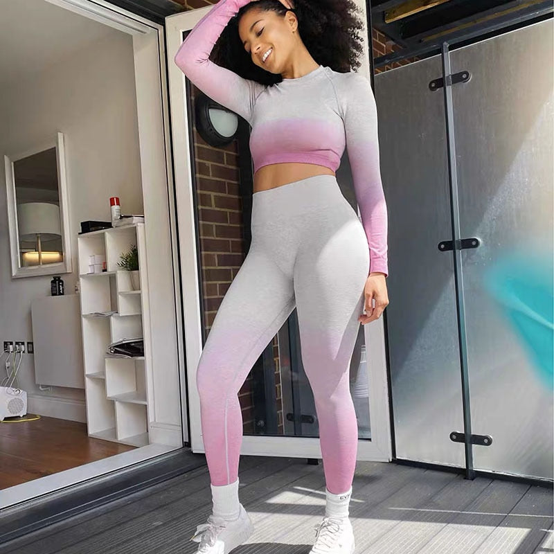 Sexy Women's Tracksuit Seamless Sports Fitness Suit Long Sleeve Crop Top High Waist Leggings Set Hang Dye Winter Clothes Women