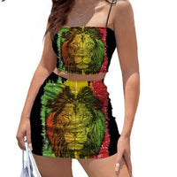 Lion Print Jamaica Flag Pattern Sexy Stylish Women Mini Dress Halter Spaghetti Strap