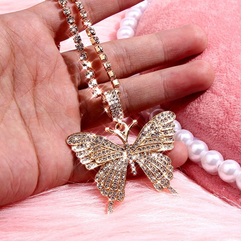 Statement Big Butterfly Pendant Necklace Rhinestone Chain for Women Bling Tennis Chain Crystal Choker Necklace Party Jewelry