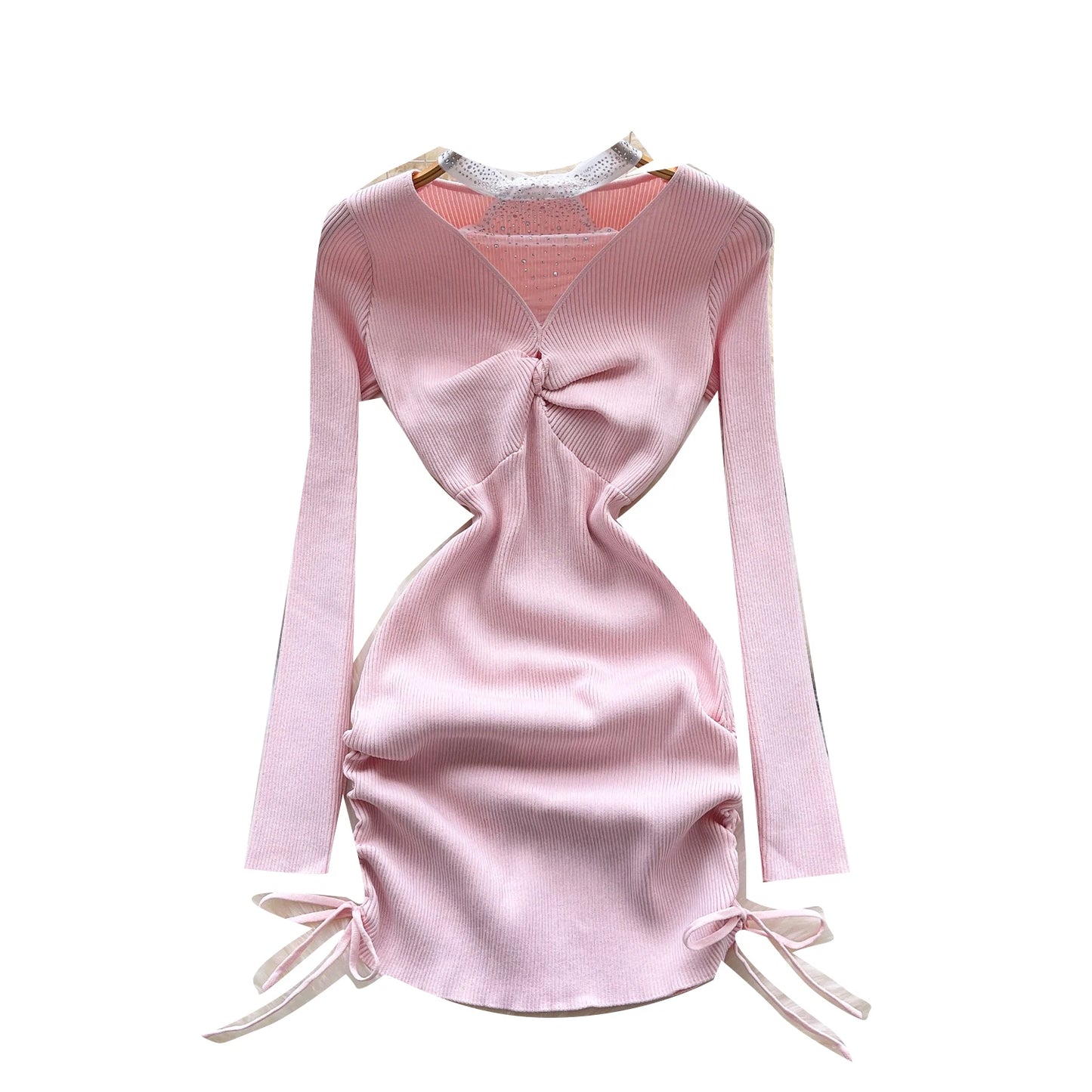 Summer Y2K Halter Bandage Hip Midi Dress for Women Empire Patchwork Mesh Dress