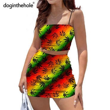 Doginthehole Jamaica Weed Leaf Design Women's Sexy Dress Suits 2021 New Fashion Reggae Print Crop Tops and Mini Skirt Outfits