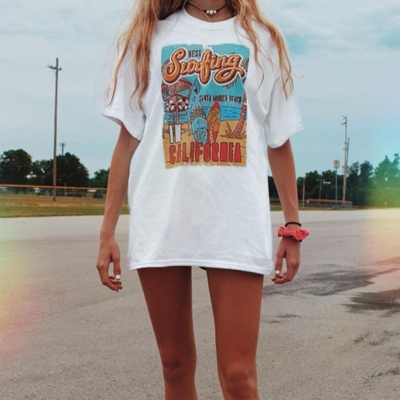 1pcs WHITE Tees Summer Casual Oversized Tee Best Surfing Santa Monica California