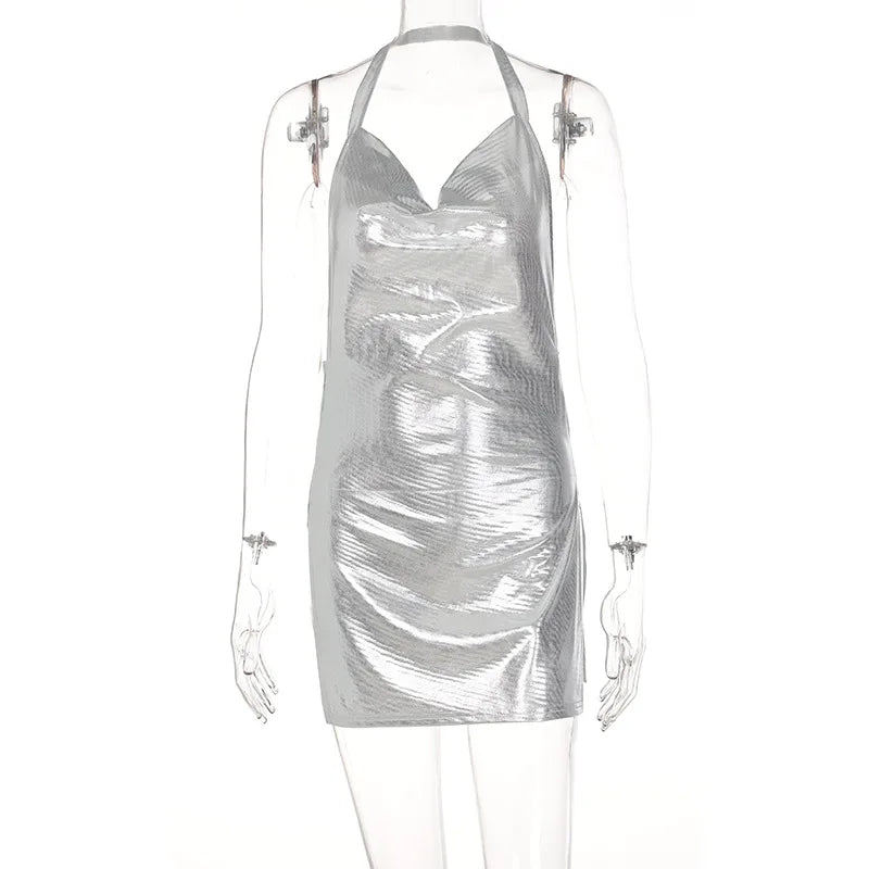 Wholesale Fashion Halter Shiny Bodycon Dress Backless Casual Club Mini Slit Dresses Women