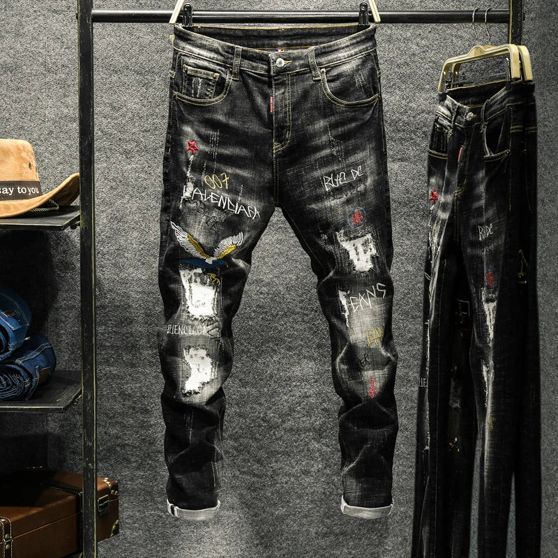 New style personality ripped jeans men's male Korean style trendy fashion paint dot splash ink design slim print pants trousers