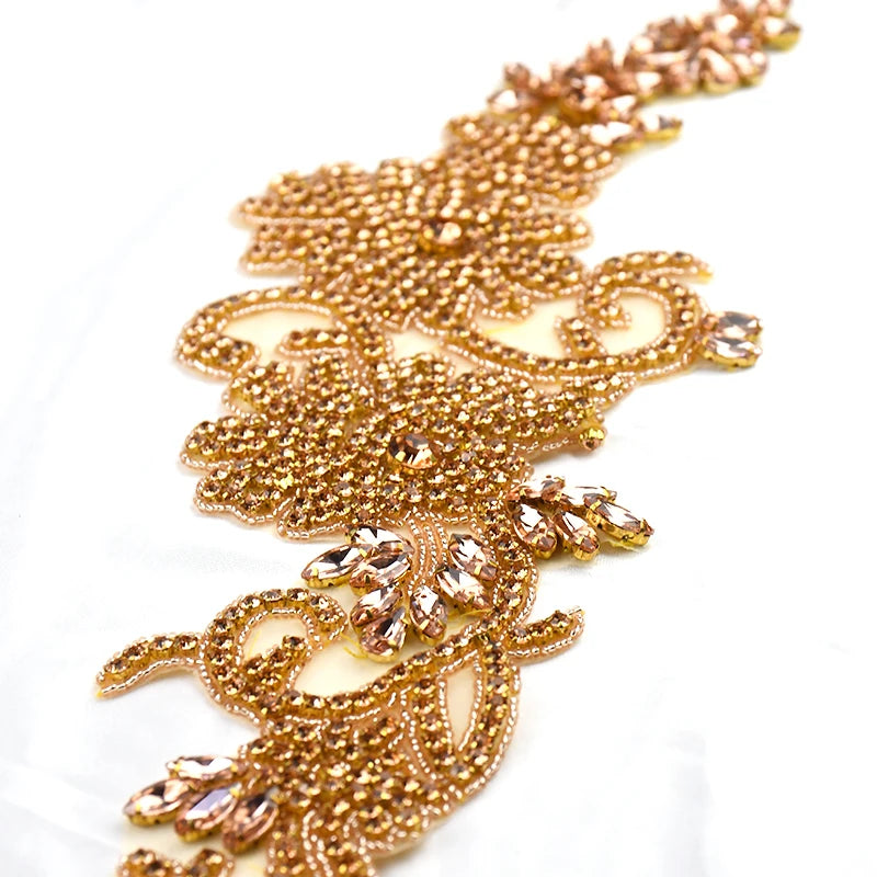 WRA-1006 Keering Hotsale Elegant Gold Wholesale Handmade Long Clause for Bridal Wedding Dress Beaded Bodice Patch Rhinestones
