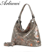 Arliwwi Female Genuine Leather Shoulder Bags New Serpentine Embossed Shiny Cross Body Real Cow Leather Handbags Women GL08