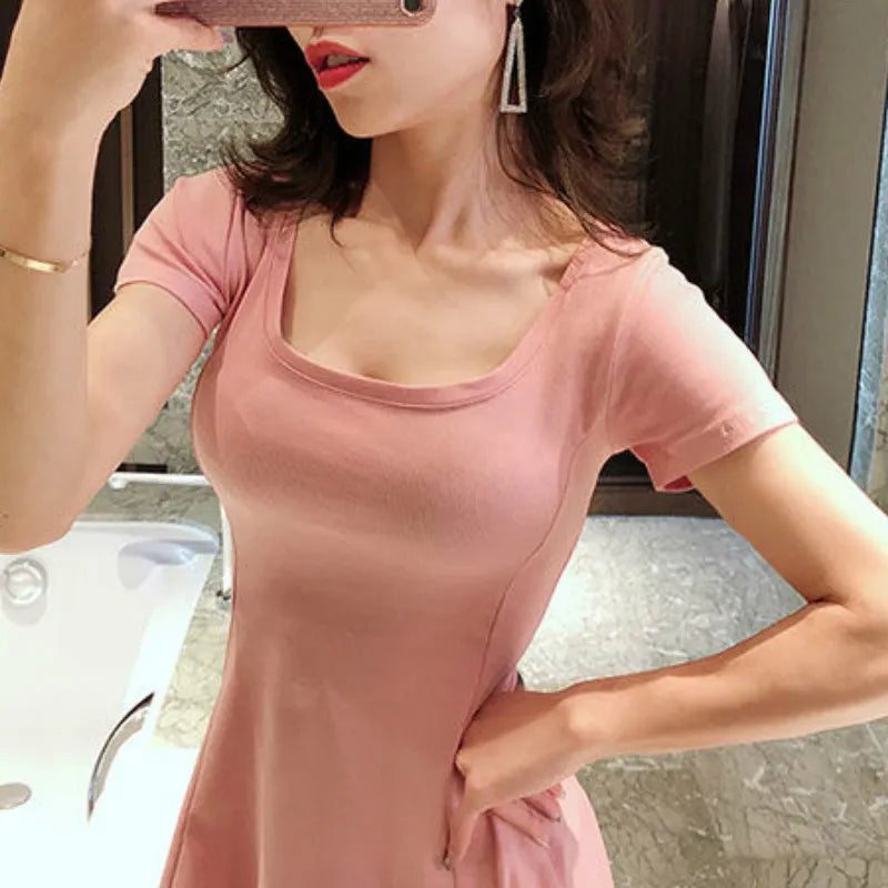 Dress Women Solid Ruffles Sexy Lady Skinny Stretchy Mini Dresses Female Clothing A-line Slim Ulzzang Beach Trendy Cute Girls New