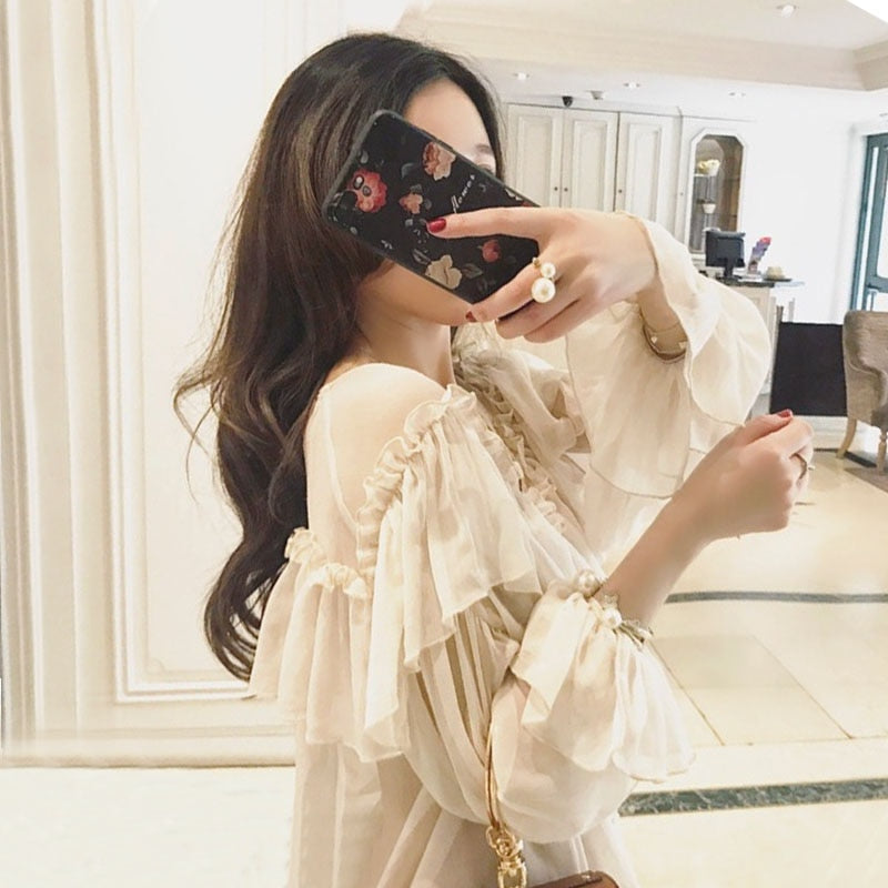 V-neck Sexy Shirts Women See Through Boho Mesh Blouse Summer Ruffle Flare Sleeve Elegant Peplum Tops Ruffles Ladies Blusas 13459