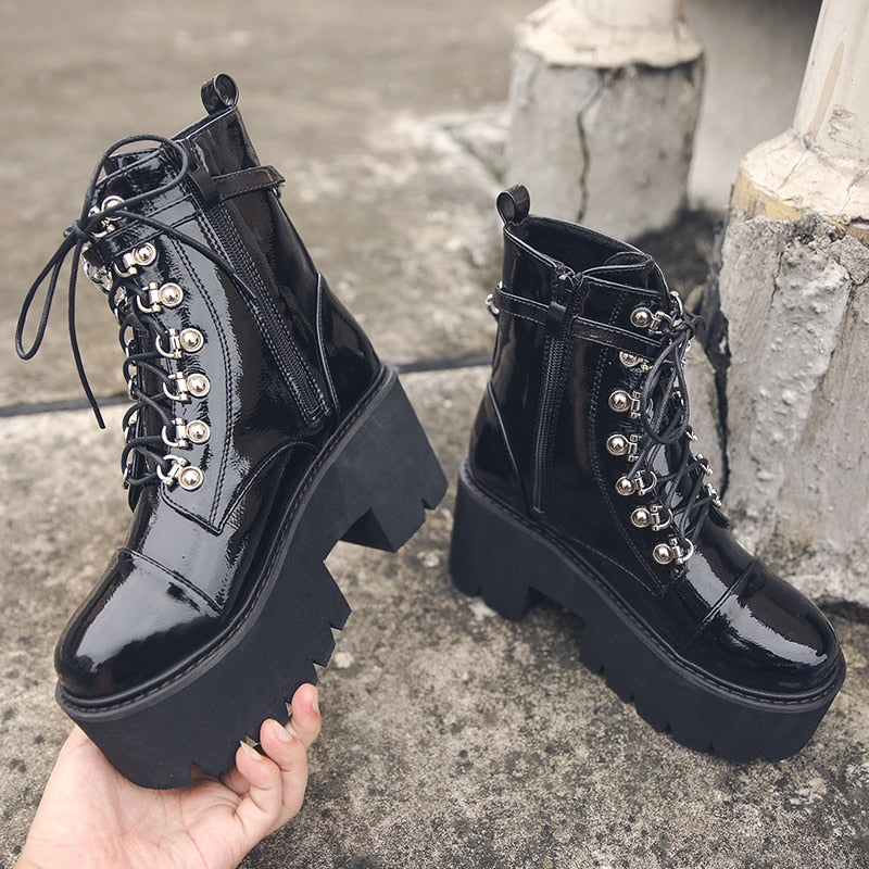 Women Gothic Ankle Boots Zip Punk Style Platform Shoes Goth Winter Lace-up Booties Chunky Heel Sexy Chain 2020 Dropshipping