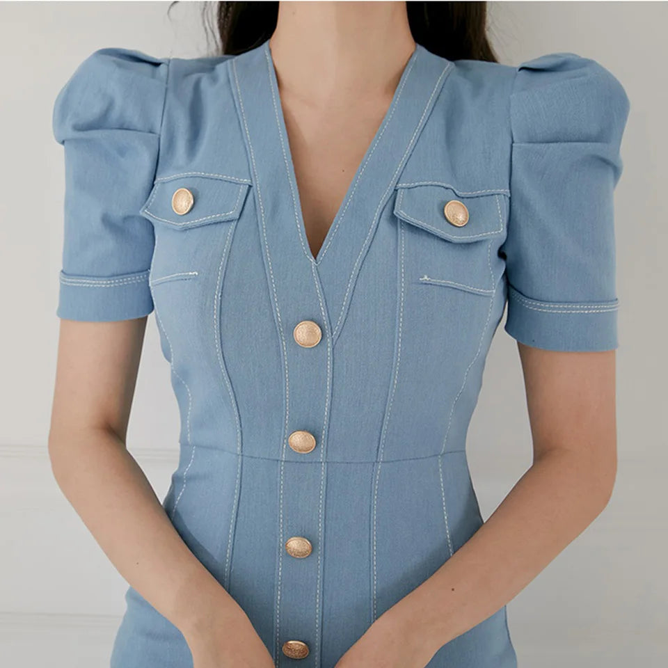 Office Lady Dress 2022 Summer High Waist Tight Dress V-Neck Puff Sleeve Decorated Single-Breasted Button Denim Dress