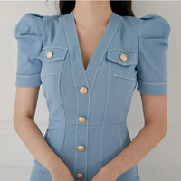 Office Lady Dress 2022 Summer High Waist Tight Dress V-Neck Puff Sleeve Decorated Single-Breasted Button Denim Dress