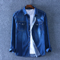 Men's Slim Denim Shirt 2022 Spring Luxury High Quality Cotton Square Collar Pocket Button Fashion Long Sleeve Jeans Shirt