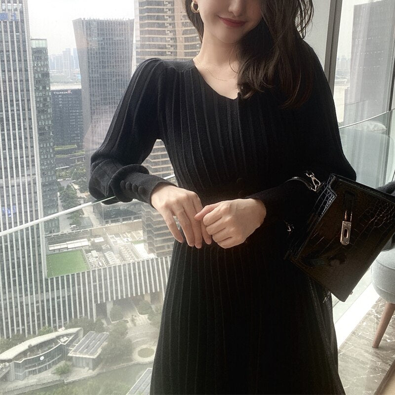 Knitted Dress Women Casual Long Sleeve Vintage Elegant Office Sweater Dress Female 2021 Autumn One Piece Dress Korean Outerwear