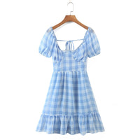 2022 Spring Ins French Vintage Folds Slim Square Collar Puff Sleeve Ruffle Plaid Print Sexy Backless Lace-Up Dress Women Vestido