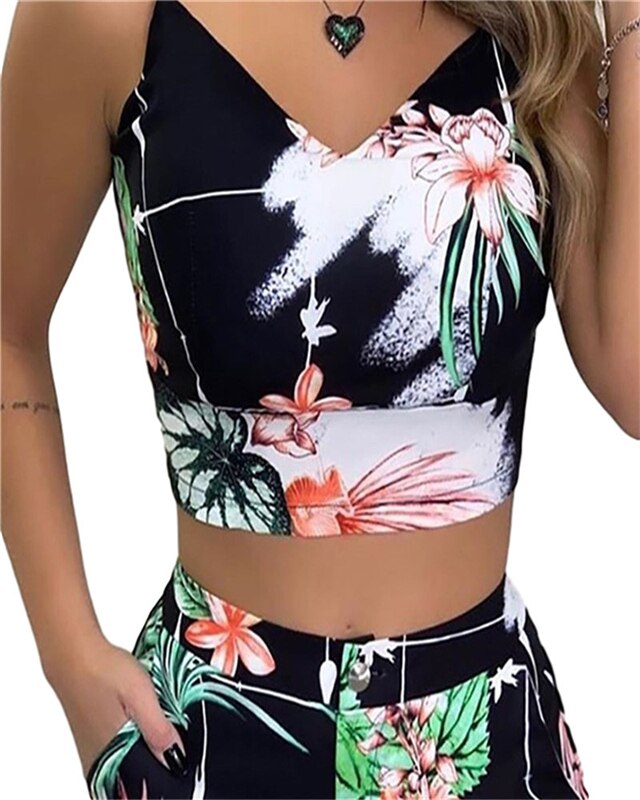 Women 2-piece Outfit Set Summer Flower Printed Sleeveless V-neck Blouse + Shorts Set Female High Waist Hot Shorts Pants Sets