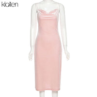 KLALIEN Fashion Elegant Party Strap Dress Women Summer 2021 New Solid Pink Simple Office Lady Street Vacation Beach Dress