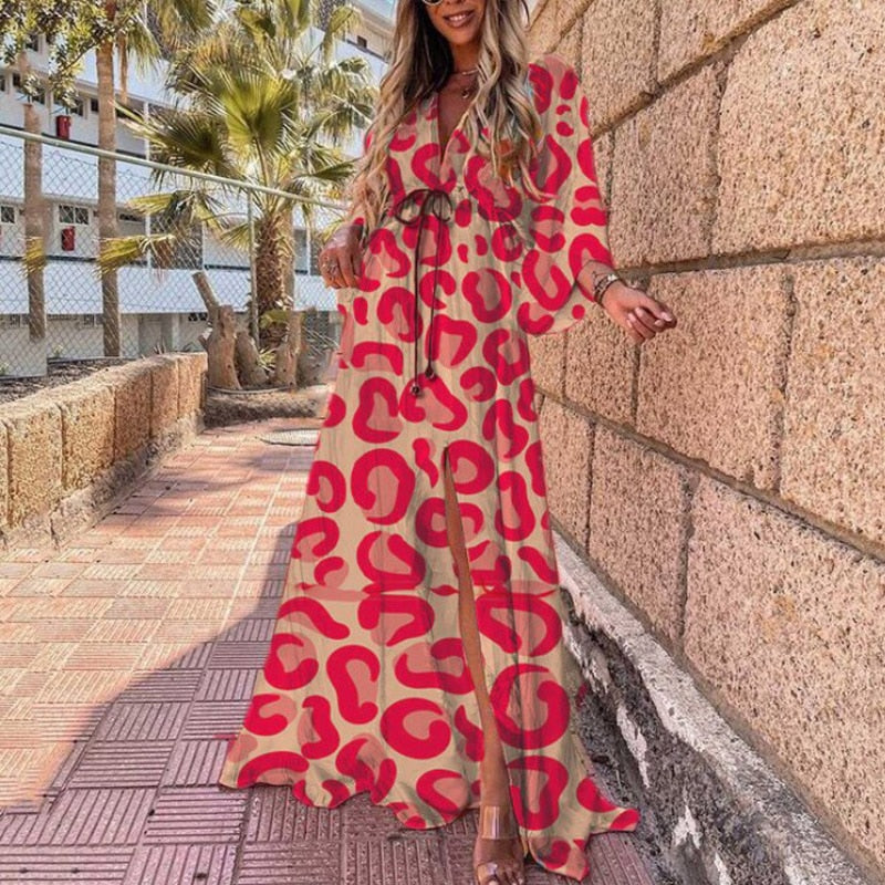 Elegant Deep V Neck Printing Hem Maxi Dresses Women Casual Button Elastic Waist Long Party Dress Summer Loose Slit Beach Dress