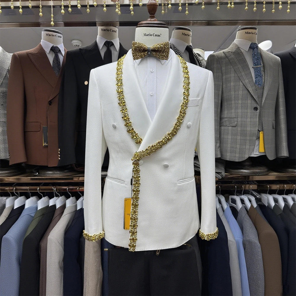 Handmade Single Breasted Men's Wedding Suit Luxury 2-Piece Blazer Pants Set Rhinestones Formal Wear for Groom Middle East Europe