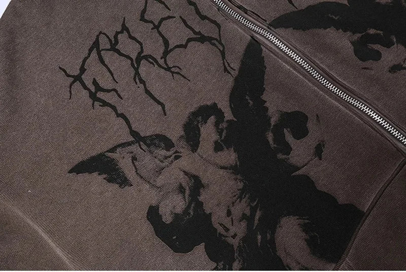Hip Hop Streetwear kadınlar Hoodies Hoodies melek koyu baskı fermuarlı ceket ceket Harajuku Y2K kapşonlu üst giysi erkekler kadınlar Punk dış giyim