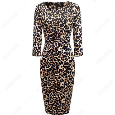 Vintage Women Elegant Leopard Chic Formal Business Bodycon Morden Pencil Dress EB565