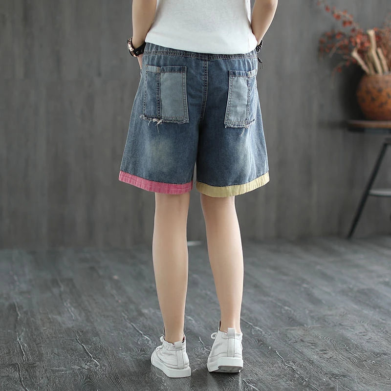 Summer New Arts Style Women Elastic Waist Vintage Denim Shorts Jeans Feminino Patchwork Embroidery Ripped Jeans S839