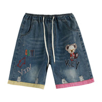 Summer New Arts Style Women Elastic Waist Vintage Denim Shorts Jeans Feminino Patchwork Embroidery Ripped Jeans S839