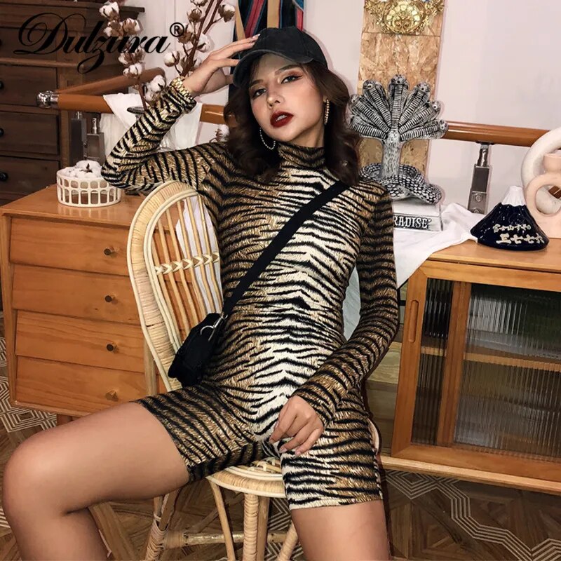 Dulzura women playsuit animal print leopard tiger bodycon streetwear clubwear sexy outfit clothes body romper 2019 autumn winter