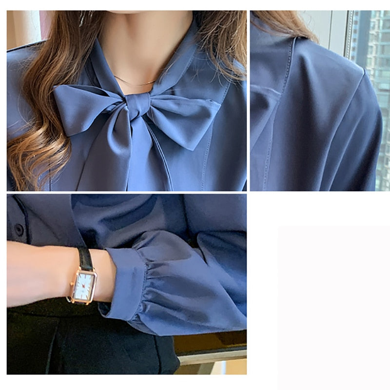 New Bow White Blouse Women 2022 Button Office Lady Long Sleeve Blue Chiffon Shirt Autumn Tops Woman Clothes Pocket Womens Shirts