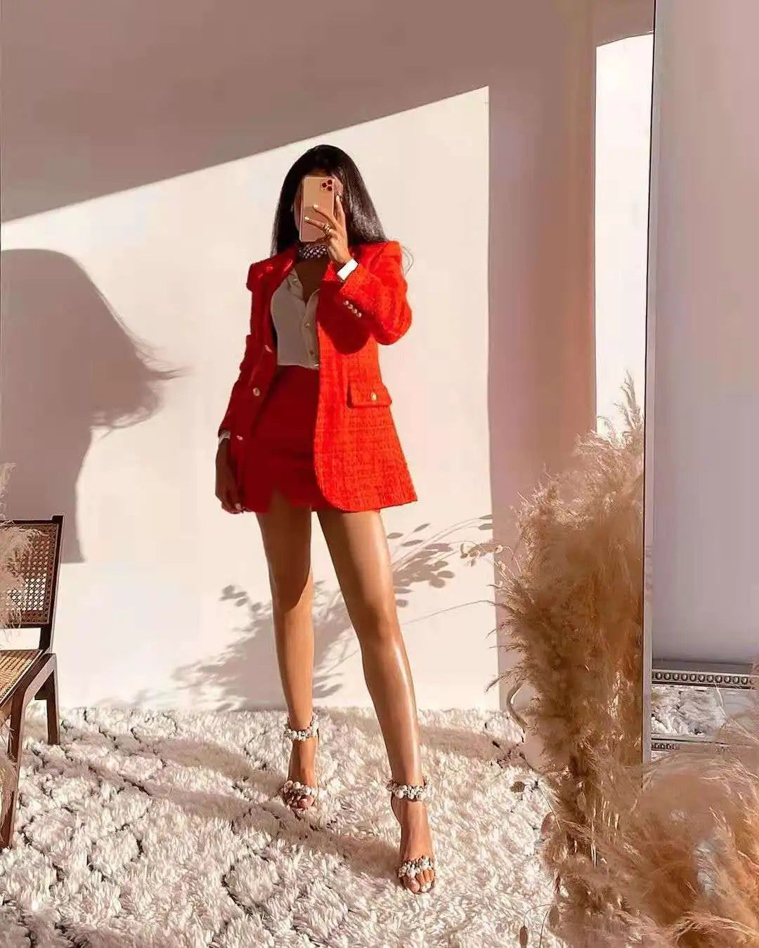 xikom 2021 Tweed Two pieces set Women red Vintage V Neck Long Sleeve Office Lady slim Blazer Coat Female Hight Waist skirt suit