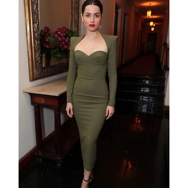 2023 New Summer Women Long Sleeved Bandage Dress Sexy V Neck Slim Midi Celebrity Night Show Bodycon Club Party Dresses Vestidos